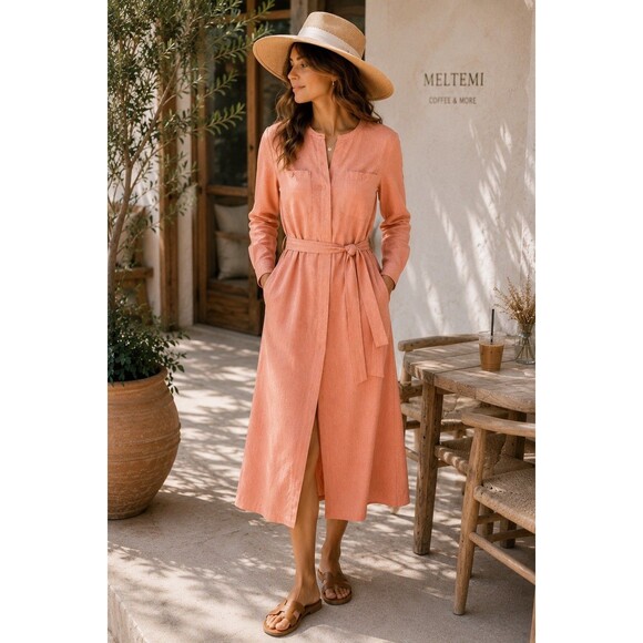 Unbranded Dresses & Skirts - 100% Silk Textured Midi Dress     Peach Blush Belted Pockets Size 8